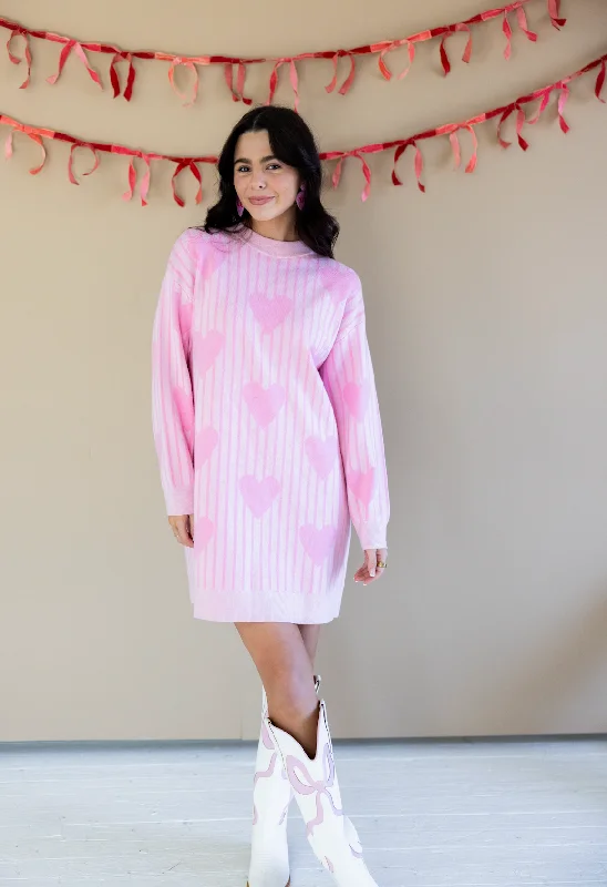 Hearts & Stripes Sweater Dress High Neck Crew Neck V-Neck