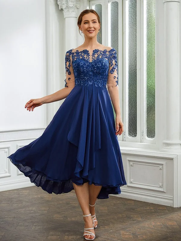 Laylah A-Line/Princess Chiffon Applique Bateau 1/2 Sleeves Tea-Length Mother of the Bride Dresses STKP0020279