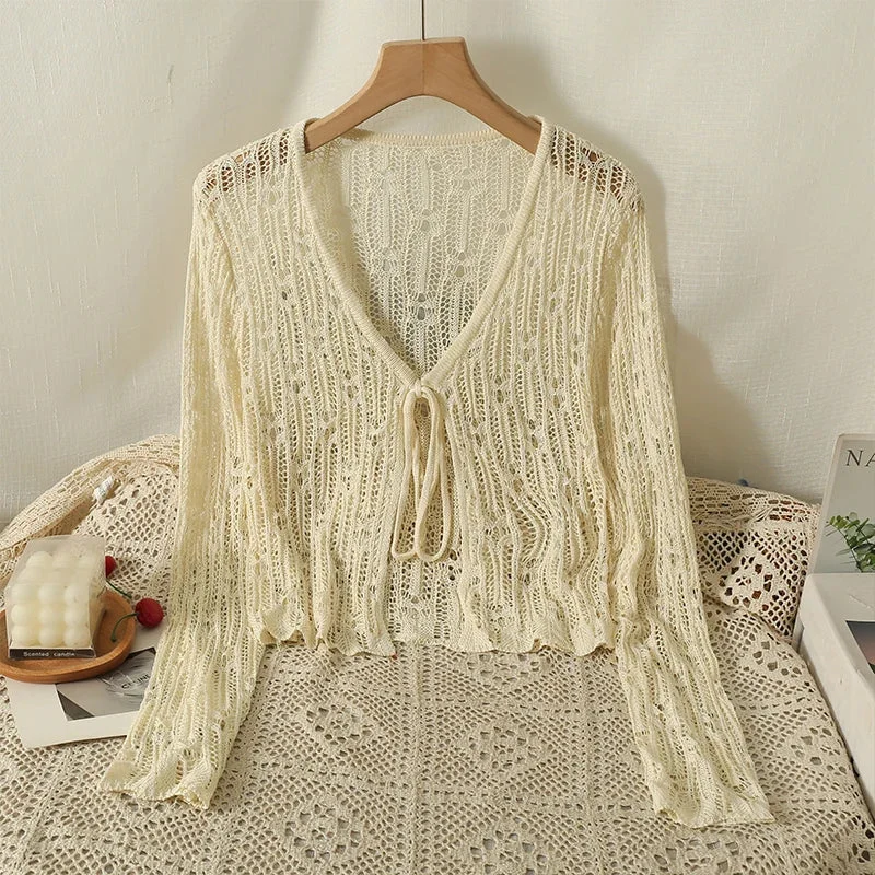 Znbbw Hollow Out Sweater Shirts Lady Summer Full Sleeve Laced Crocheting Cardigan Thin Short Coats for Slim Woman