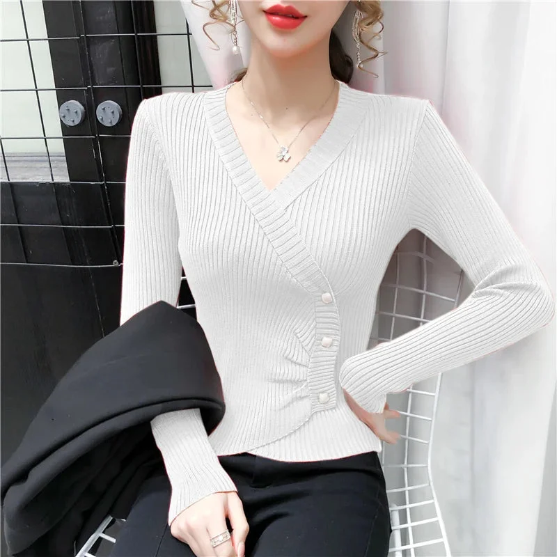 Znbbw new bottoming sweater shirt women's long-sleeved knitted crossed v-neck buttons sweaters jumpers crop tops