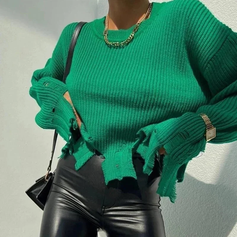 Znbbw Ripped Sweater Women Fashion Streetwear Autumn Winter Solid Round Neck Long Sleeve Loose Style Knitted Tops Pullovers