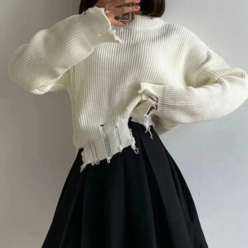 Znbbw Ripped Sweater Women Fashion Streetwear Autumn Winter Solid Round Neck Long Sleeve Loose Style Knitted Tops Pullovers