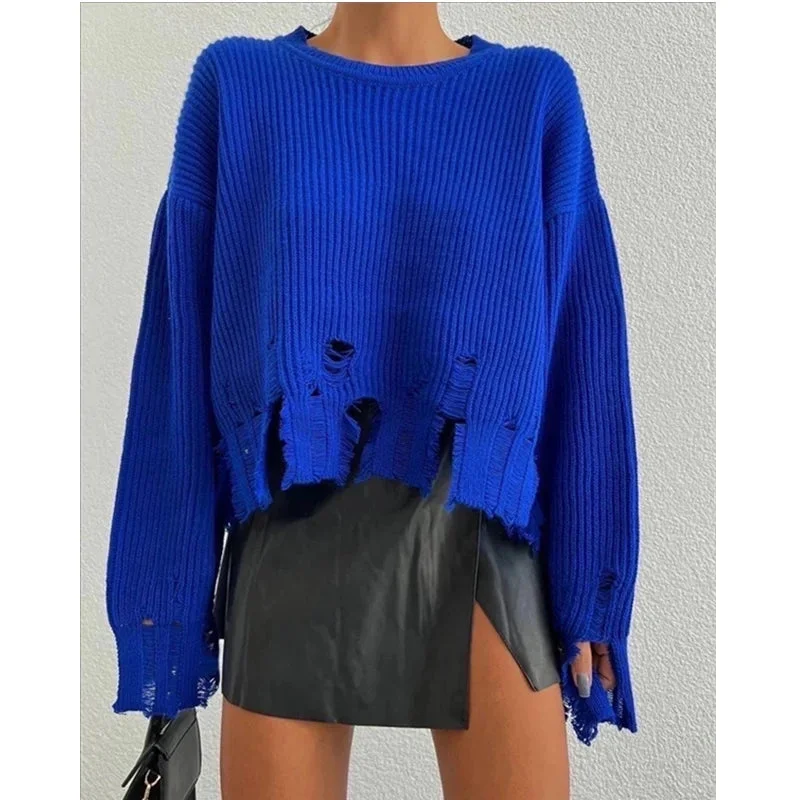 Znbbw Ripped Sweater Women Fashion Streetwear Autumn Winter Solid Round Neck Long Sleeve Loose Style Knitted Tops Pullovers