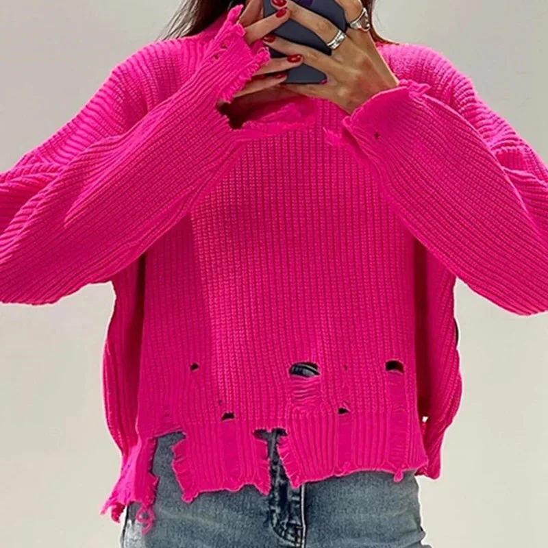 Znbbw Ripped Sweater Women Fashion Streetwear Autumn Winter Solid Round Neck Long Sleeve Loose Style Knitted Tops Pullovers