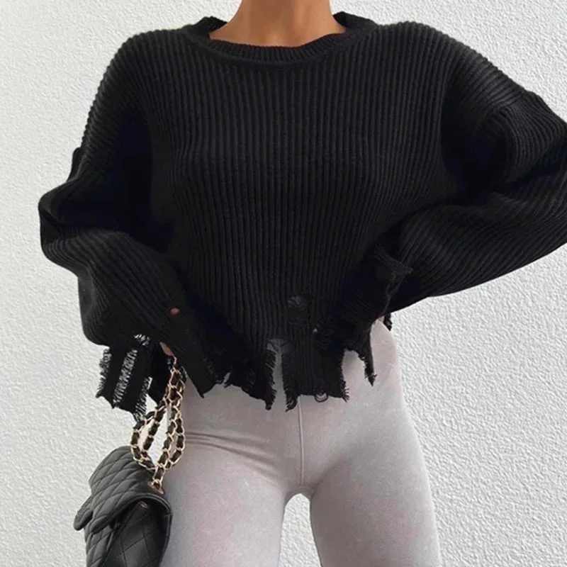 Znbbw Ripped Sweater Women Fashion Streetwear Autumn Winter Solid Round Neck Long Sleeve Loose Style Knitted Tops Pullovers