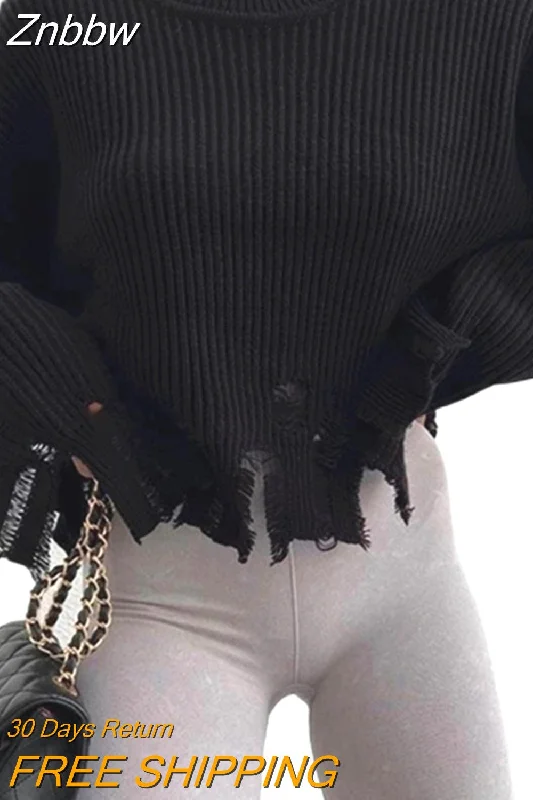 Znbbw Ripped Sweater Women Fashion Streetwear Autumn Winter Solid Round Neck Long Sleeve Loose Style Knitted Tops Pullovers