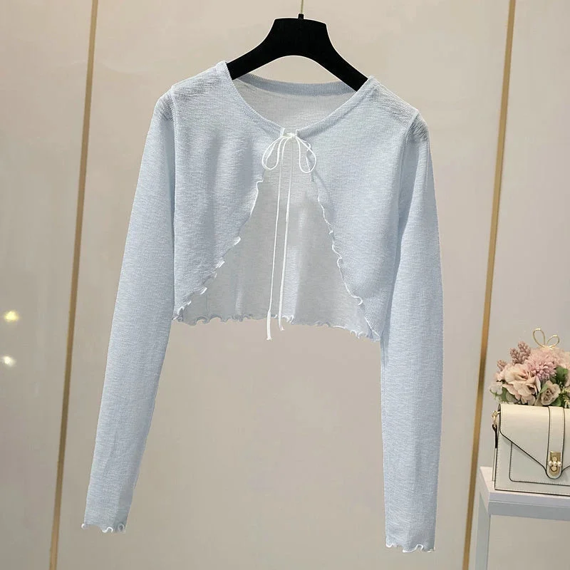 Znbbw Summer Thin Sweater Shirts Lady Full Sleeve Laced Knitted Cardigan Outwear for Woman