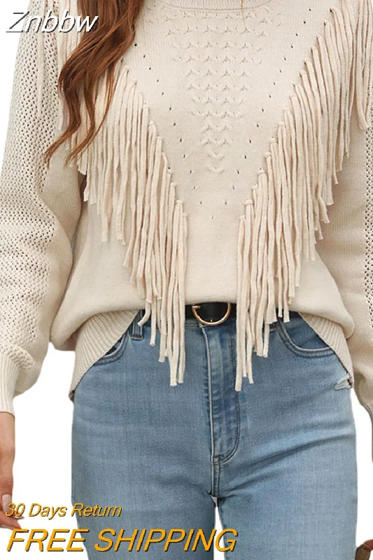 Znbbw Women Sweaters Tassels Autumn 2023 Solid Color Knitwear Long Sleeve Round Neck Fringe Decoration Hole Cutout Loose Sweater Tops