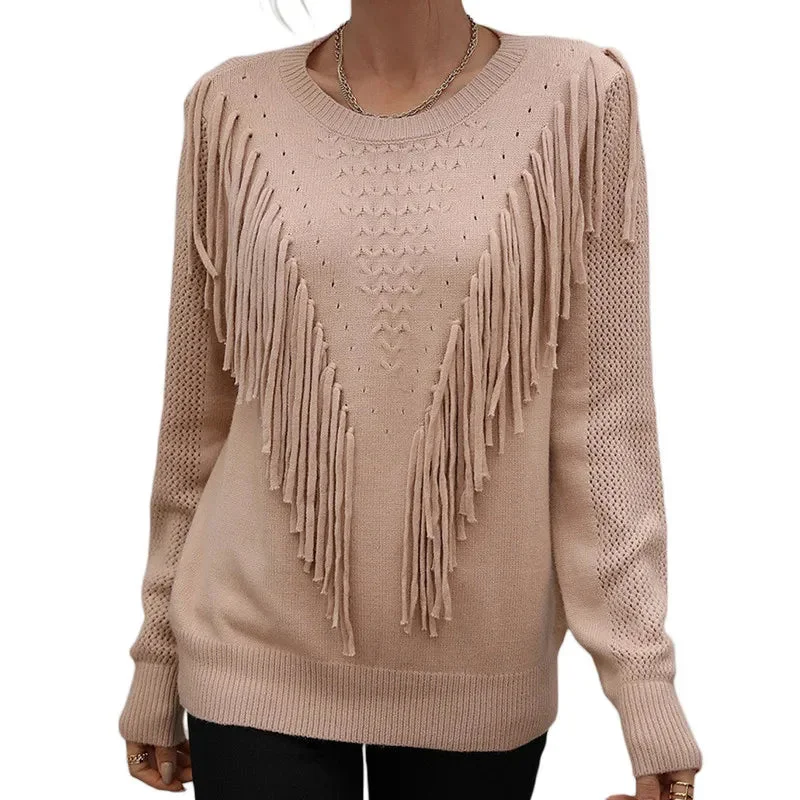 Znbbw Women Sweaters Tassels Autumn 2023 Solid Color Knitwear Long Sleeve Round Neck Fringe Decoration Hole Cutout Loose Sweater Tops