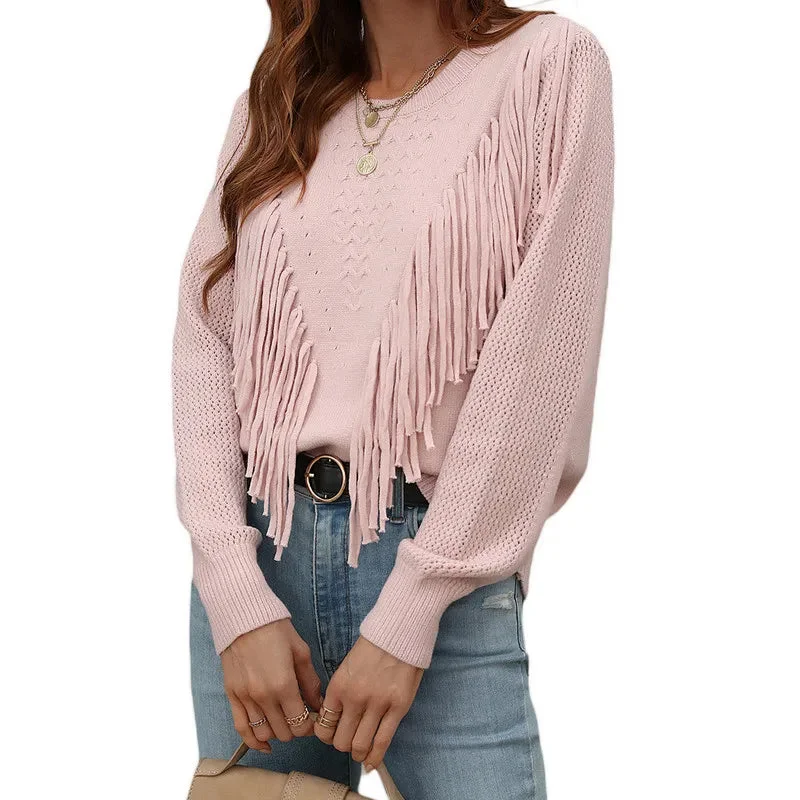 Znbbw Women Sweaters Tassels Autumn 2023 Solid Color Knitwear Long Sleeve Round Neck Fringe Decoration Hole Cutout Loose Sweater Tops