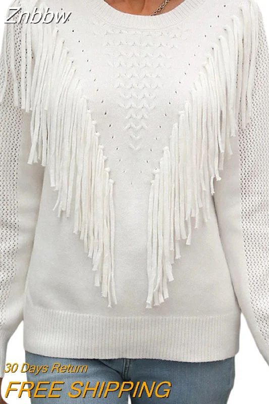 Znbbw Women Sweaters Tassels Autumn 2023 Solid Color Knitwear Long Sleeve Round Neck Fringe Decoration Hole Cutout Loose Sweater Tops