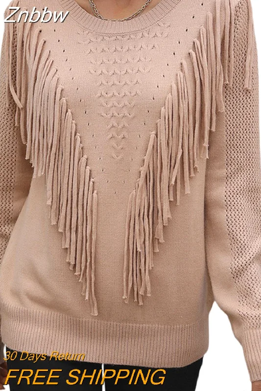 Znbbw Women Sweaters Tassels Autumn 2023 Solid Color Knitwear Long Sleeve Round Neck Fringe Decoration Hole Cutout Loose Sweater Tops