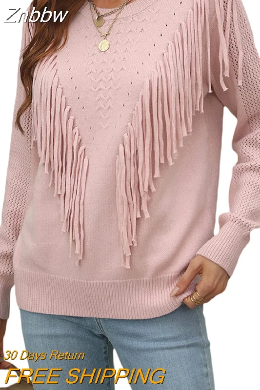 Znbbw Women Sweaters Tassels Autumn 2023 Solid Color Knitwear Long Sleeve Round Neck Fringe Decoration Hole Cutout Loose Sweater Tops