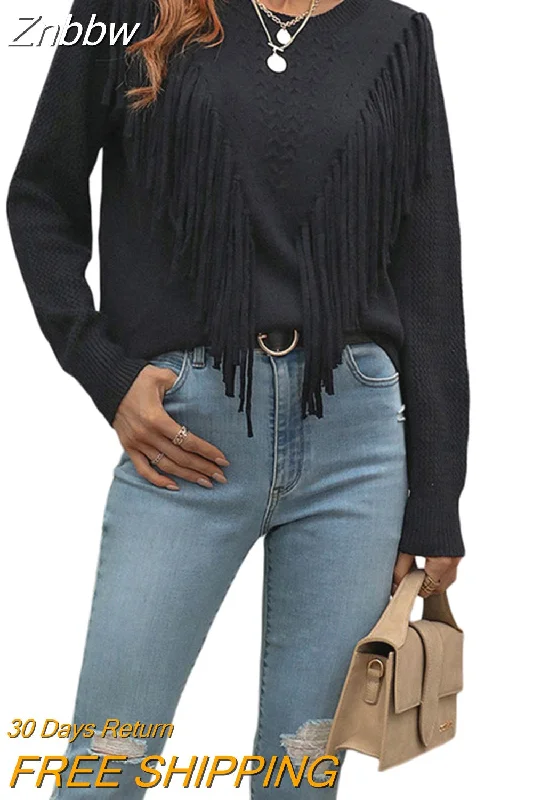 Znbbw Women Sweaters Tassels Autumn 2023 Solid Color Knitwear Long Sleeve Round Neck Fringe Decoration Hole Cutout Loose Sweater Tops