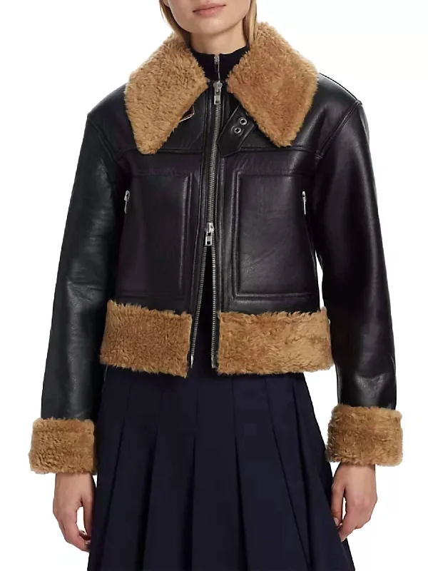 Aspen Vegan Leather Sherpa-Trim Jacket In Black