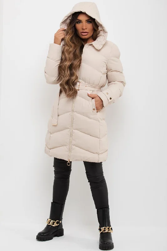 Beige Long Puffer Coat With Belt And Gold Button Detail