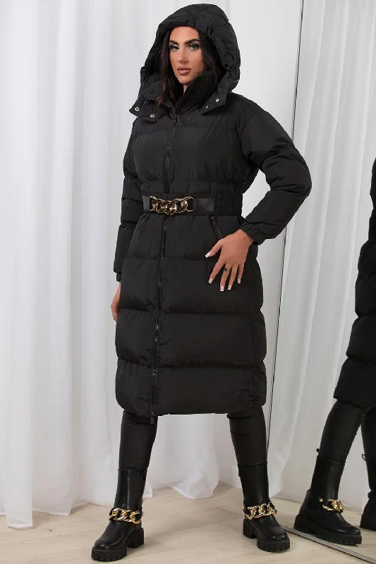 Black Long Puffer Padded Coat With Gold Chain Belt