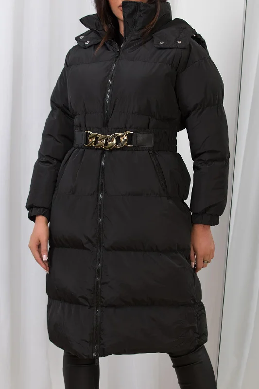 Black Long Puffer Padded Coat With Gold Chain Belt