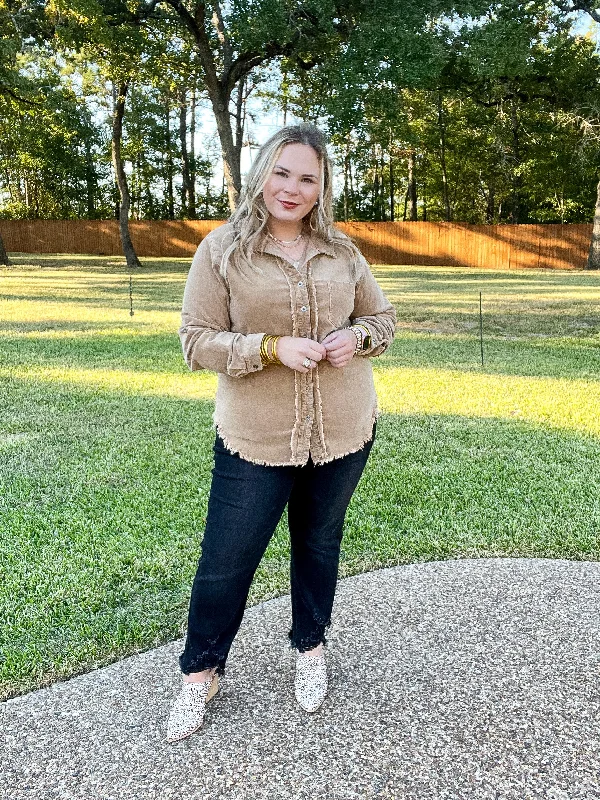 Dial It In Button Up Corduroy Shacket with Raw Hem in Beige