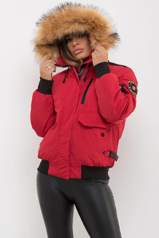 Canada Bomber Jacket With Fur Hood Red