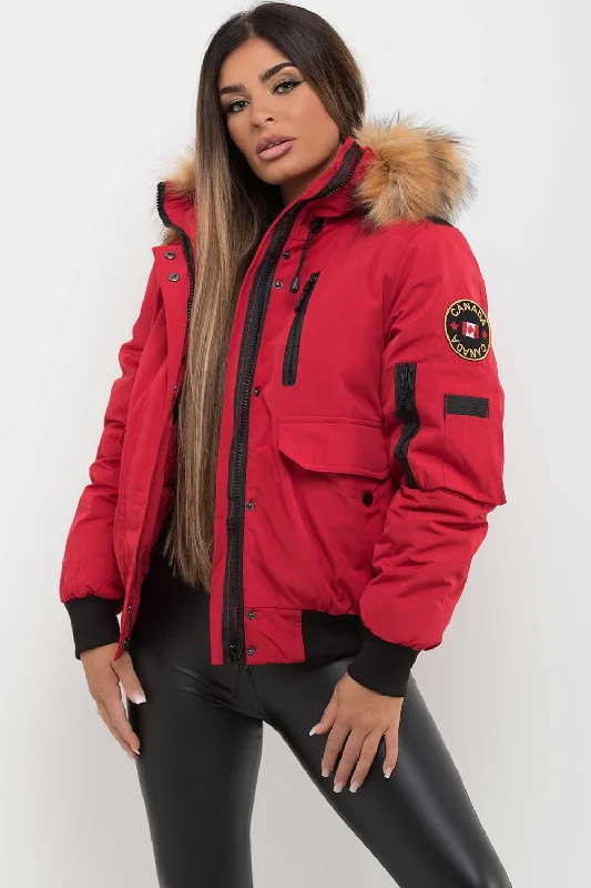 Canada Bomber Jacket With Fur Hood Red