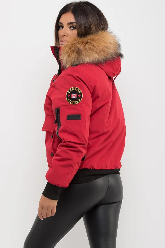 Canada Bomber Jacket With Fur Hood Red