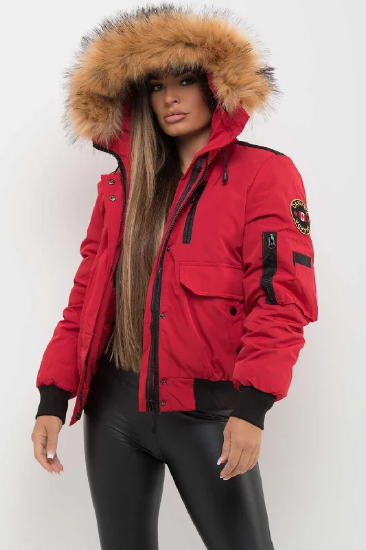 Canada Bomber Jacket With Fur Hood Red