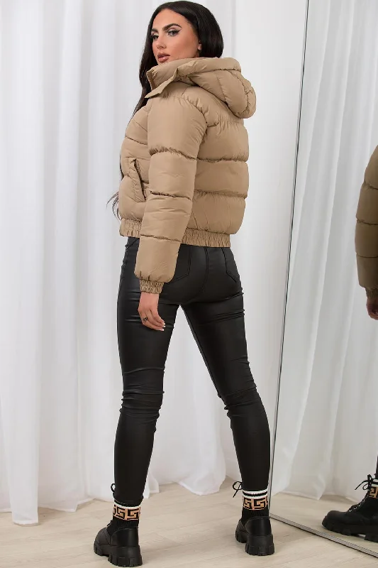 Cropped Puffer Jacket with Hood Beige