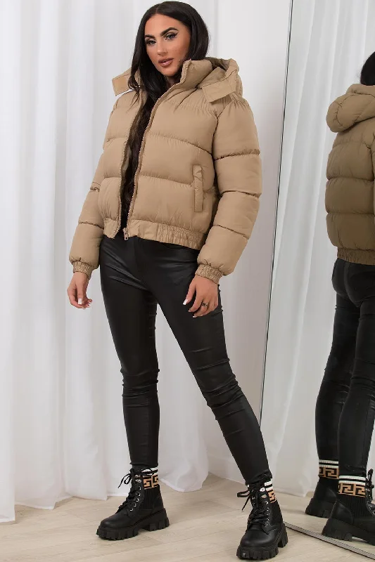 Cropped Puffer Jacket with Hood Beige