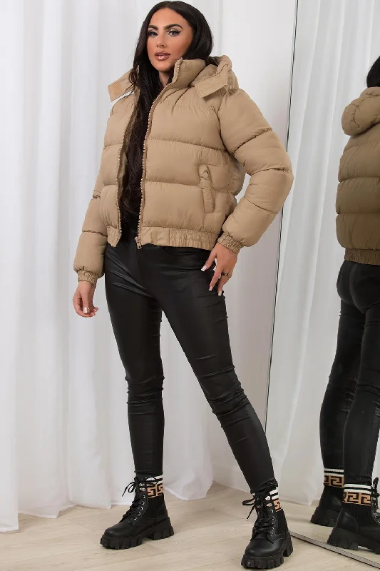 Cropped Puffer Jacket with Hood Beige