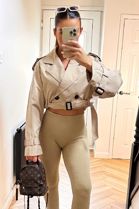 Cropped Trench Coat With Belt Beige