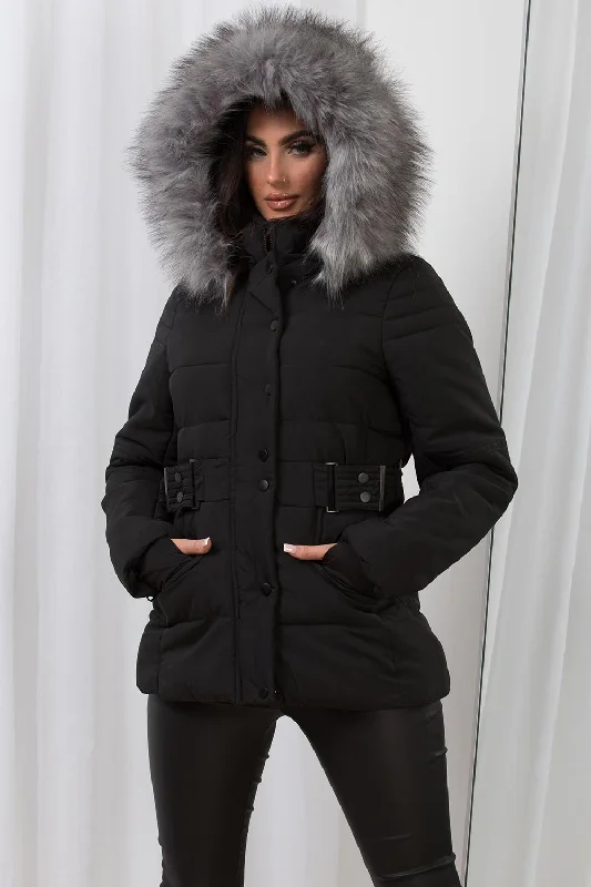 Faux Fur Hood Puffer Jacket With Buckle Belt Black