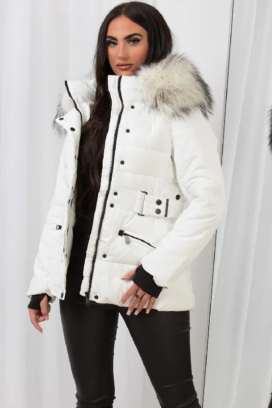 Faux Fur Hood Puffer Jacket With Buckle Belt White