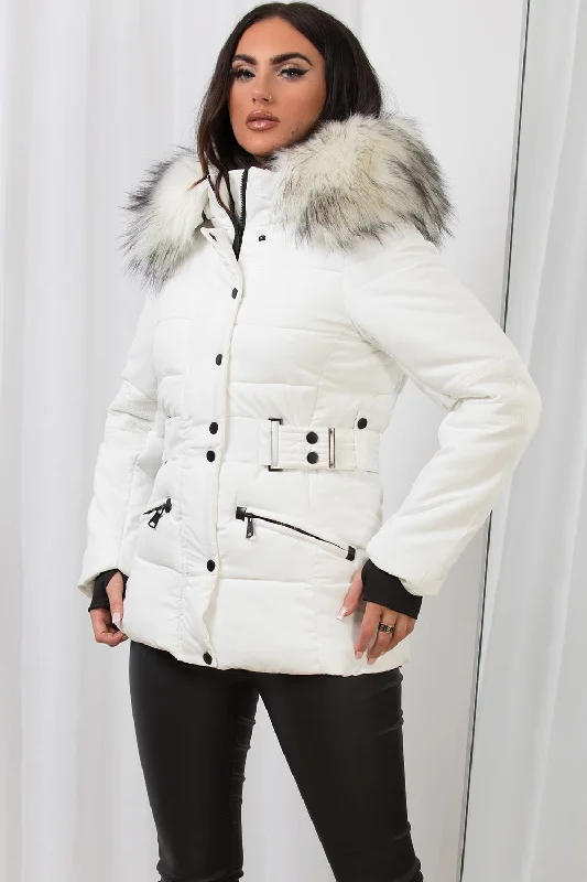 Faux Fur Hood Puffer Jacket With Buckle Belt White