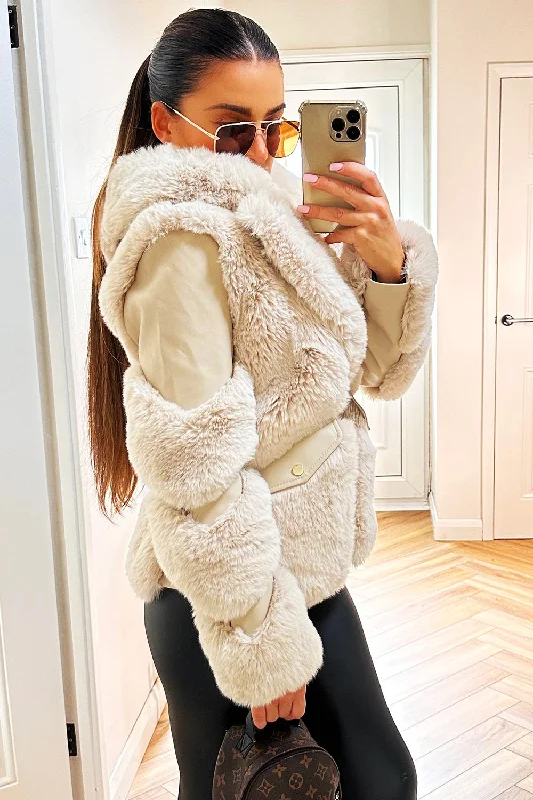 Faux Fur Lined Faux Leather Aviator Jacket Beige