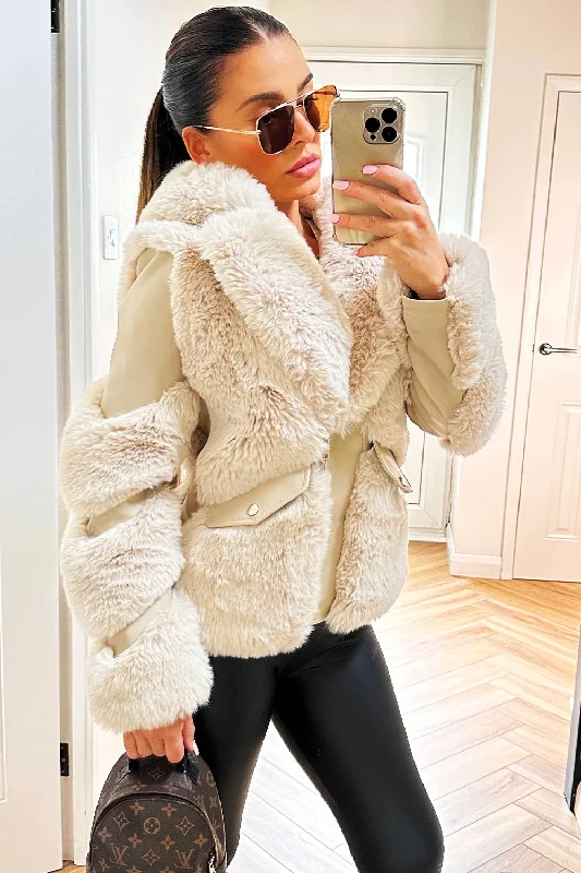 Faux Fur Lined Faux Leather Aviator Jacket Beige