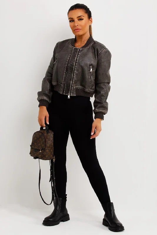 Faux Leather Bomber Jacket Grey