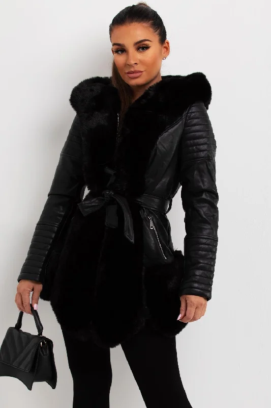 Faux Leather Jacket With Faux Fur Panels Black