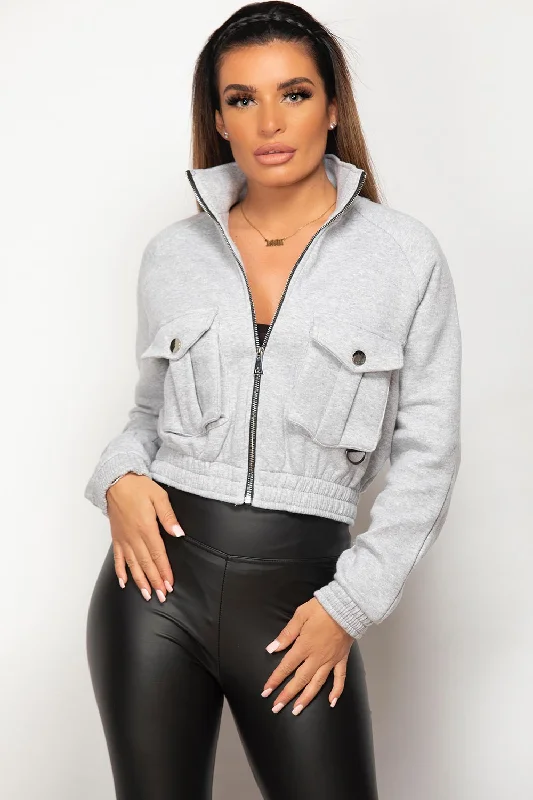 Grey Pocket Front Crop Jacket