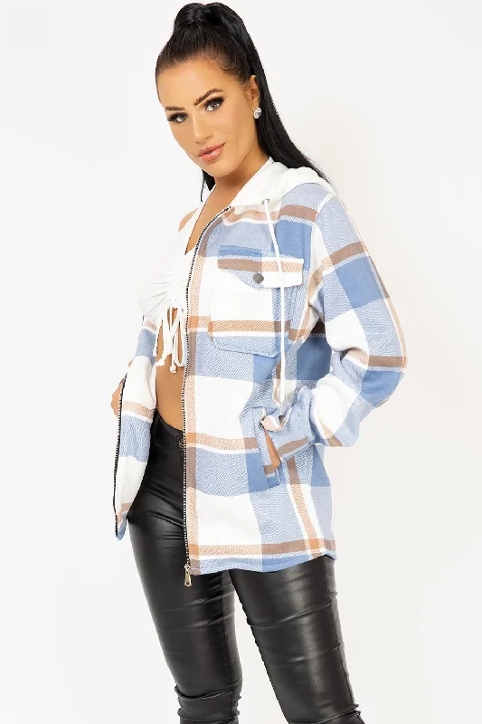 Hooded Check Shacket Sky Blue