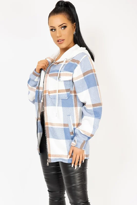 Hooded Check Shacket Sky Blue