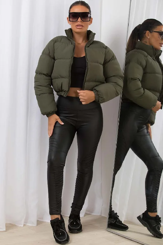 Khaki Crop Puffer Jacket