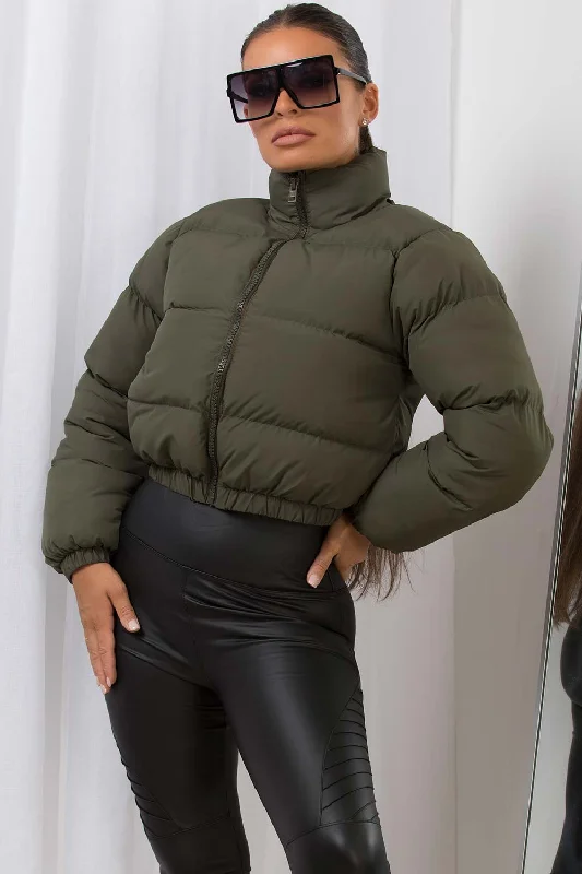 Khaki Crop Puffer Jacket