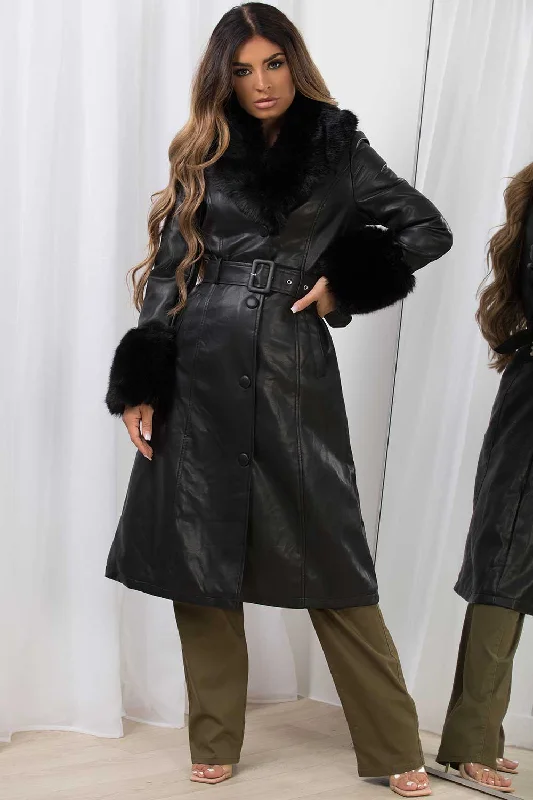 Long Faux Fur Faux Leather Jacket With Belt Black