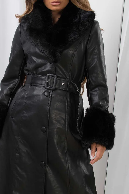 Long Faux Fur Faux Leather Jacket With Belt Black