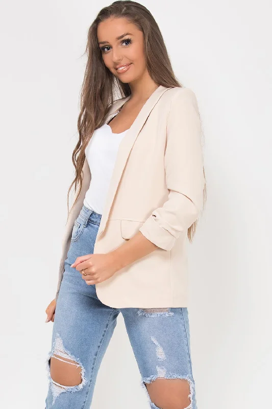 Ruched Sleeve Blazer Beige