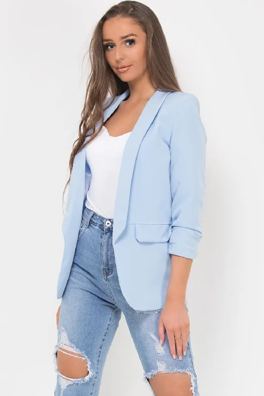 Ruched Sleeve Blazer Sky Blue