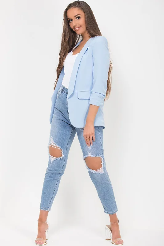 Ruched Sleeve Blazer Sky Blue