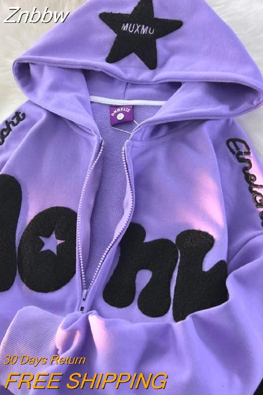 Znbbw Embroidery Stars Zipper Hoodie Women Y2K Zip Up Sweatshirt Retro High Street Harajuku Loose Lazy Clothes Chic Coat Tops