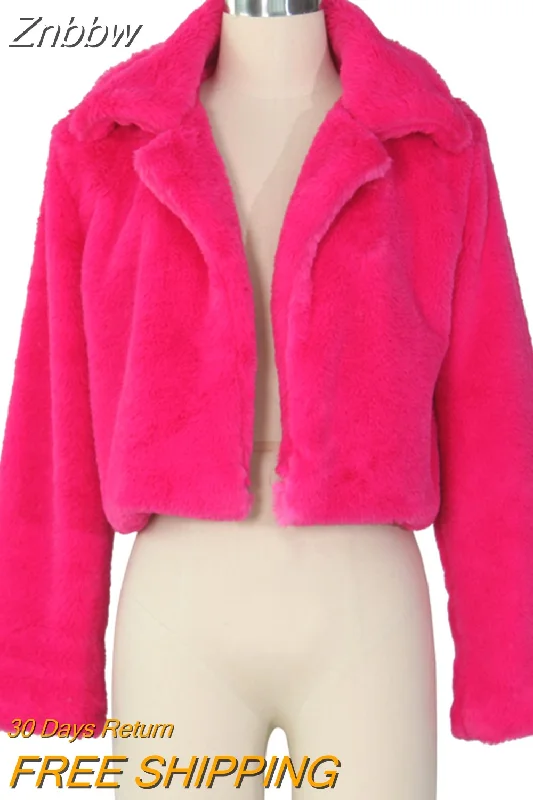 Znbbw Rose Red Solid Open Front Fuzzy Crop Faux Fur Coat Women 2023 Winter Fashion Outerwear Fluffy Fake Fur Coats Jackets